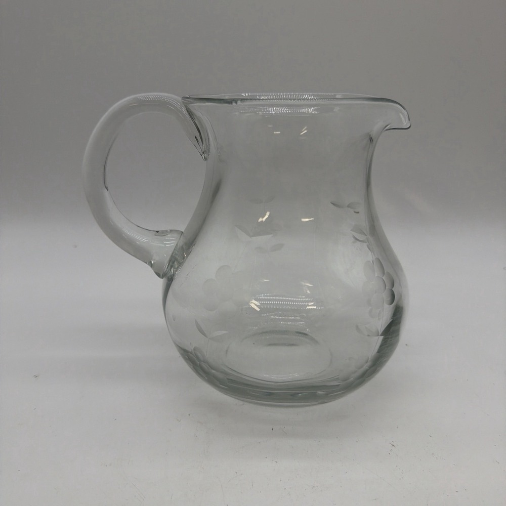 Small Glass Pitcher Etched with Flowers 1 1/2 Qt